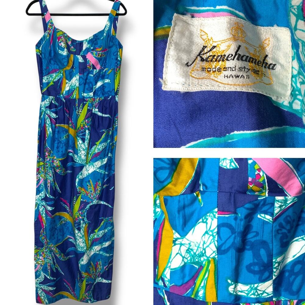 Vintage 60's Kamehameha Hawaiian Maxi Dress Blue Floral Print Aloha Size Small